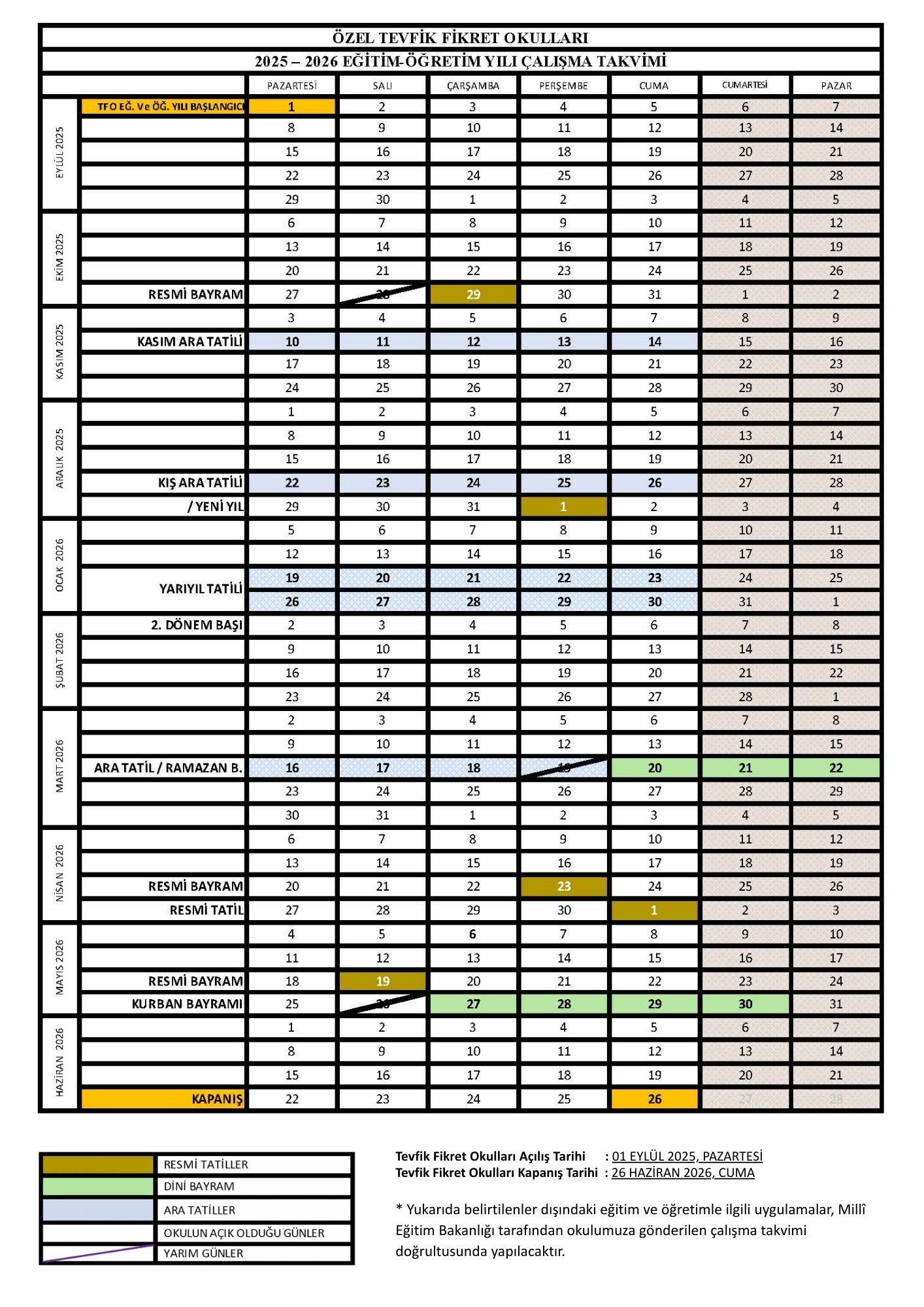 TFO 2025-2026 AKADEMİK YIL TAKVİM